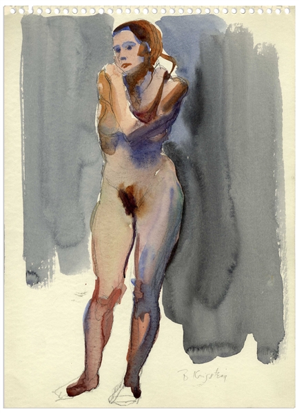 Bernard Krigstein Nude Watercolor -- Measures 15'' x 11''